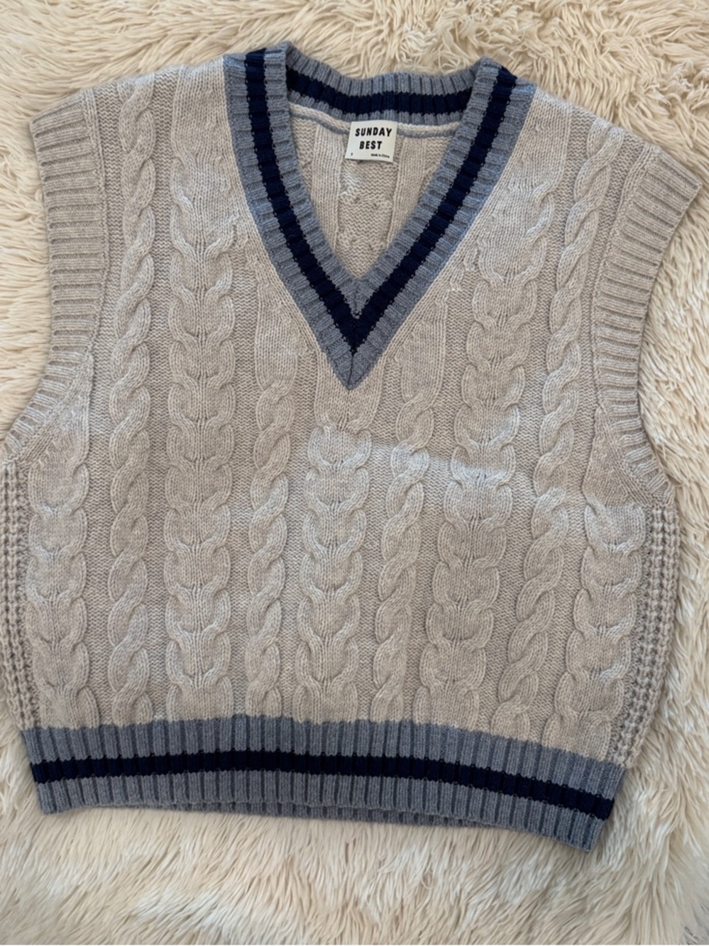 Sunday Best Grey Cable-Knit V-Neck Sweater Vest with Navy Trim